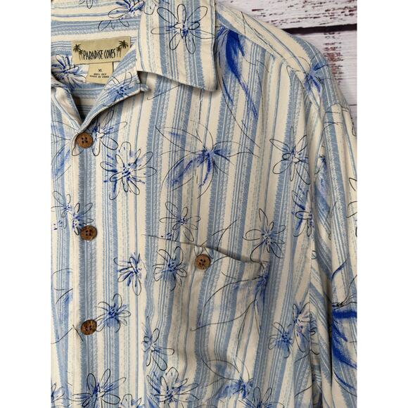 Paradise Coves Mens XL Hawaiian Shirt 100% Silk Blue  Stripe Palm Tree Aloha EUC - Picture 4 of 5